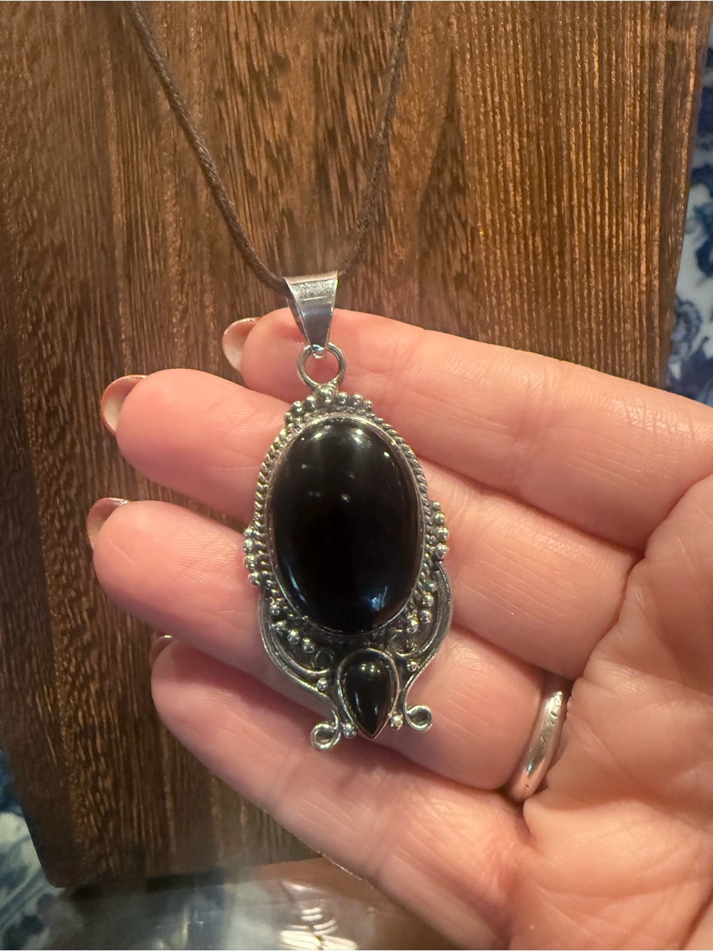 Black Onyx Pendant, 925 Sterling Silver Gemstone Jewelry (cord not included)